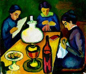 Drie Vrouwen aan de Tafel bij de Lamp door August Macke